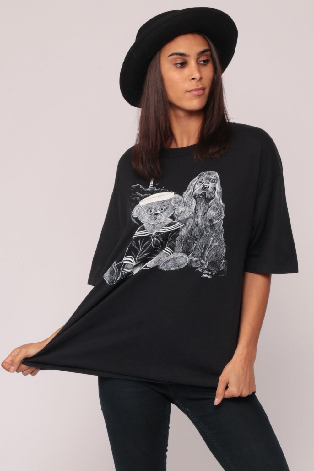 80s Teddy Bear Sailor Cocker Spaniel Graphic T-Shirt Black Extra Large
