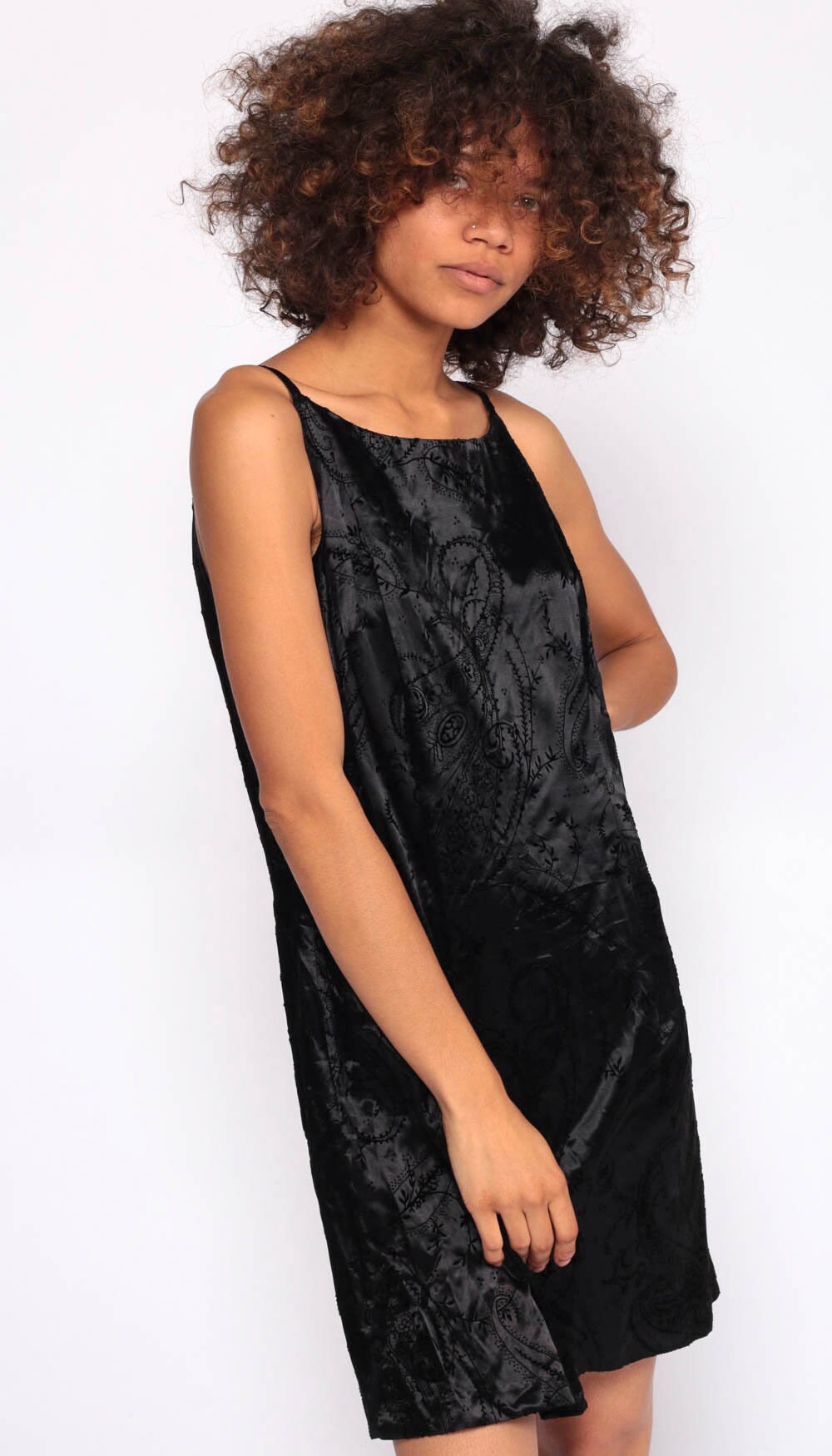 90s Black Satin Mini Dress Paisley Flocked Velvet Sleeveless Shift Small