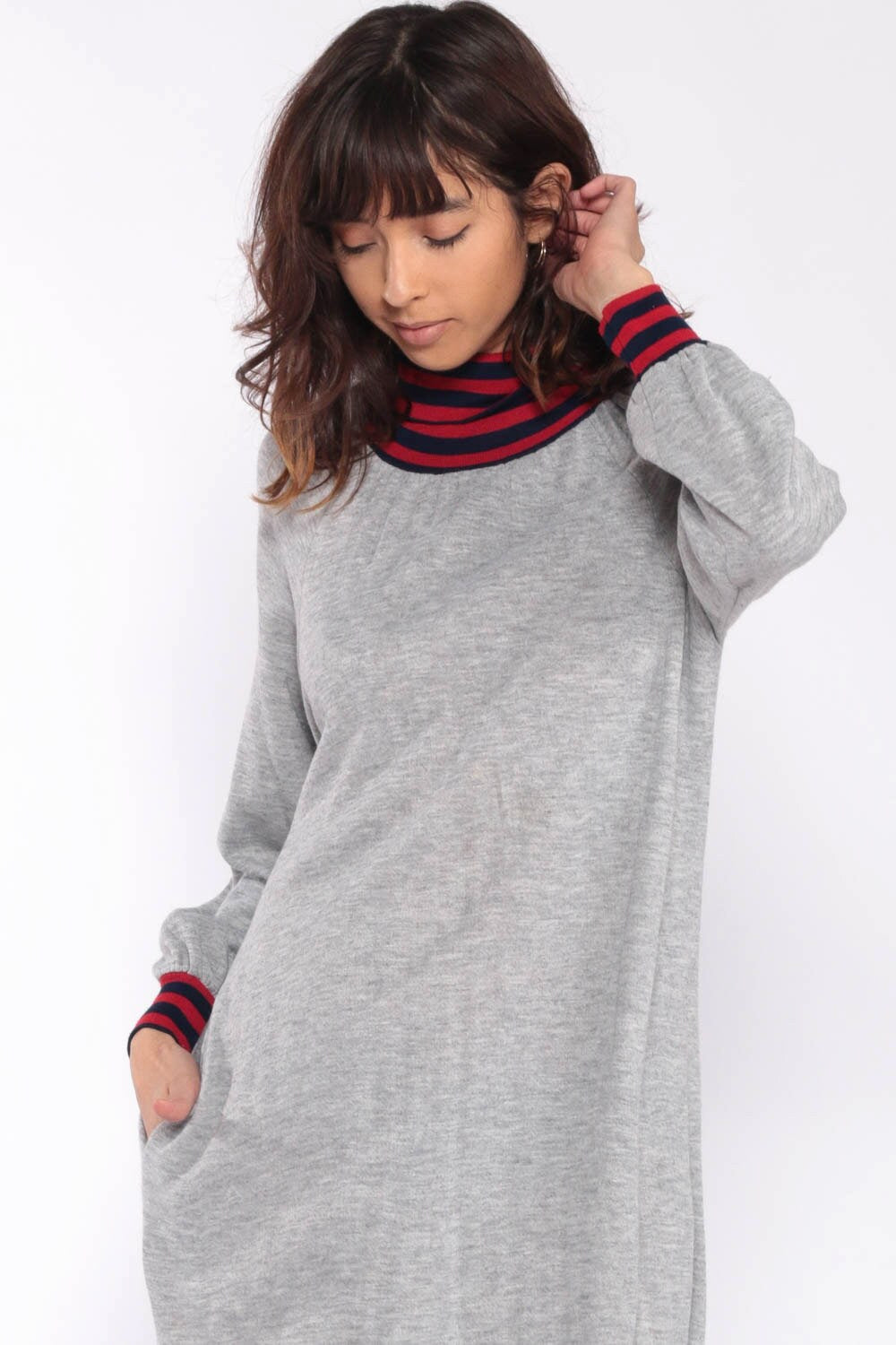 80s Grey Turtleneck Sweatshirt Dress Maxi Long Sleeve Medium