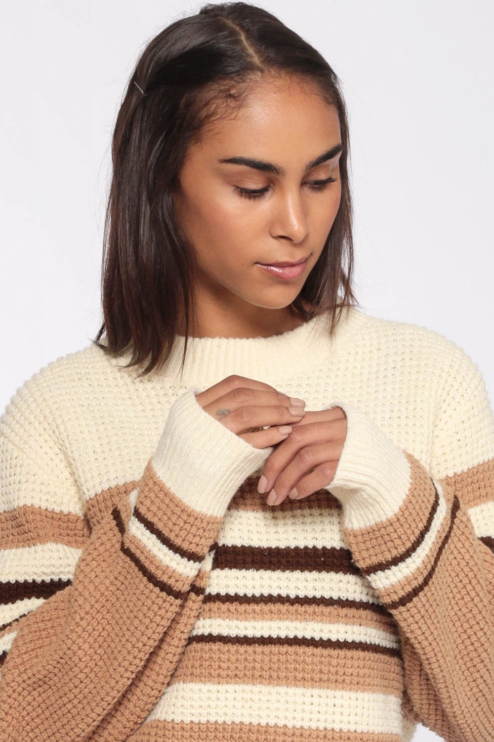 80s Cream Brown Striped Knit Pullover Sweater Unisex Small Medium