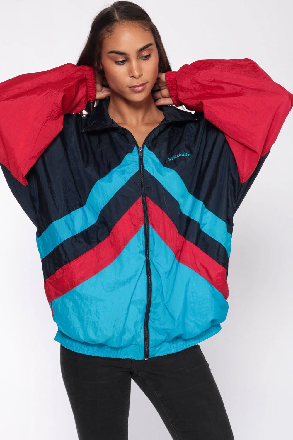 90s Spalding Windbreaker Jacket Navy Turquoise Colour Block Striped Extra Large