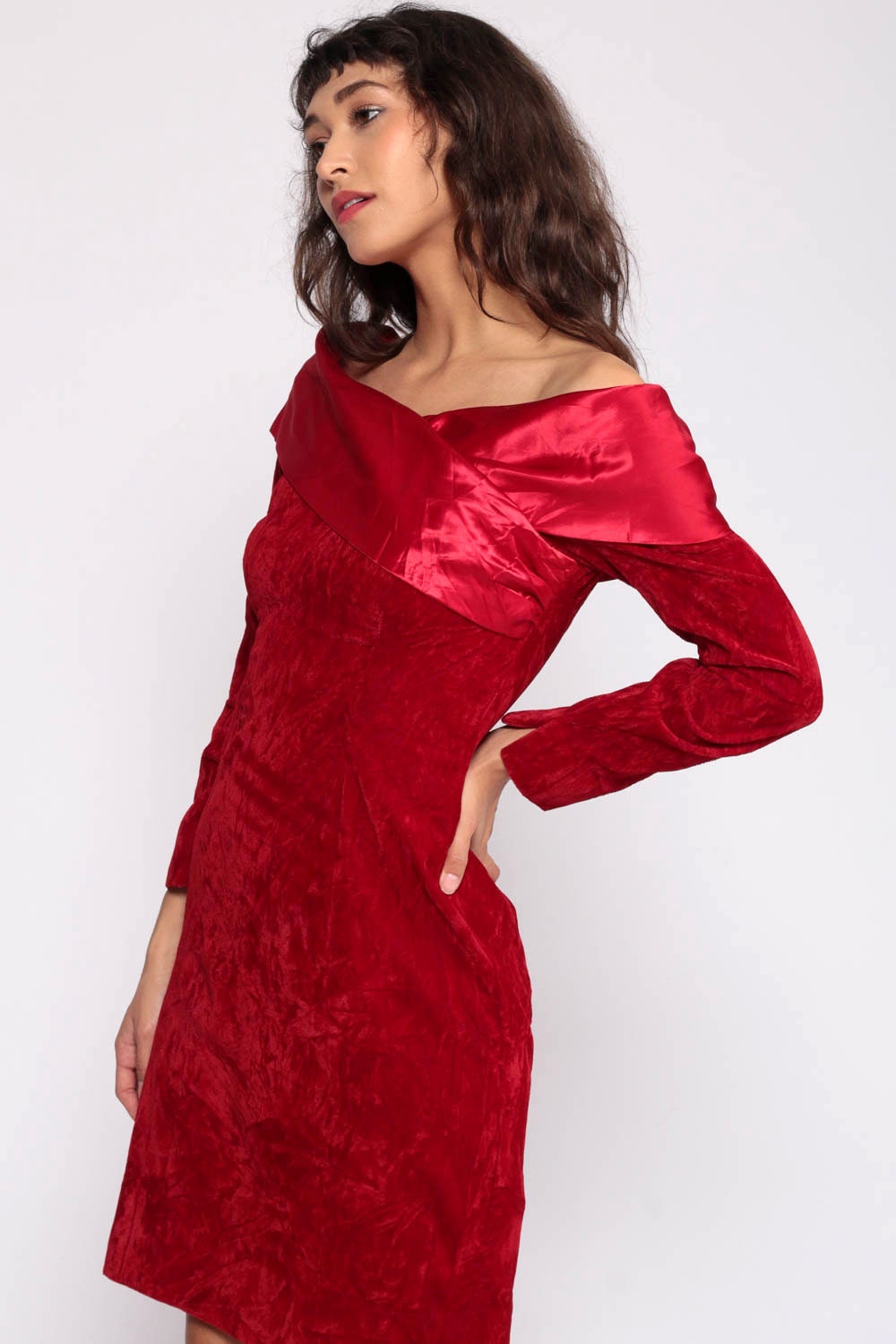 80s Red Velvet Mini Dress Off-Shoulder Long Sleeve Sheath Cocktail Extra Small