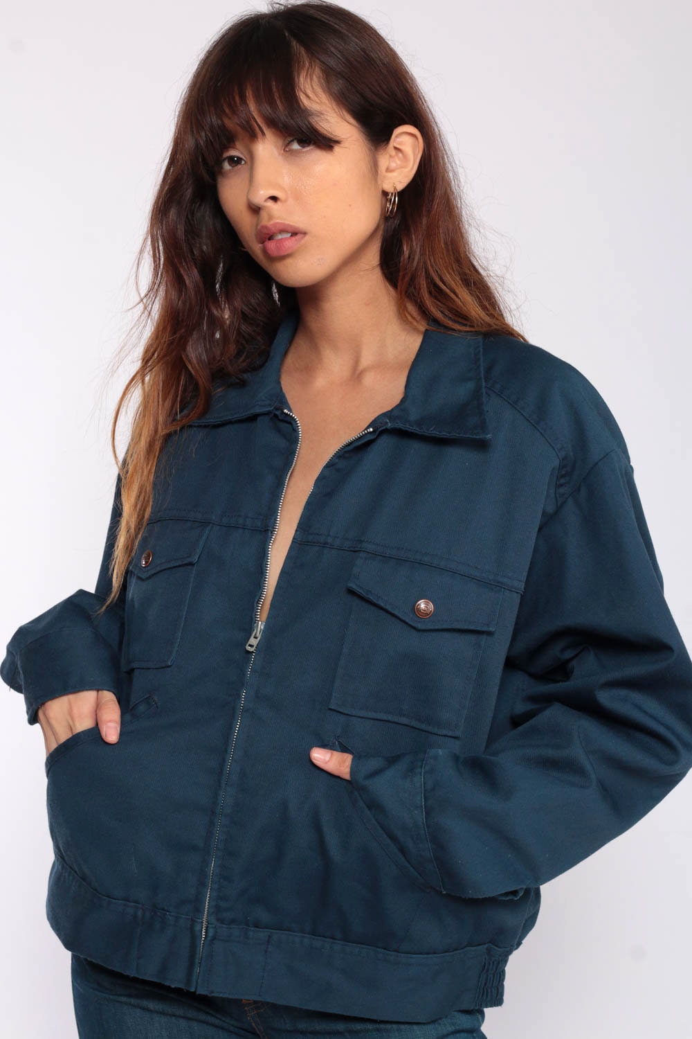 80s Dickies Navy Zip-Up Jacket Fuzzy Red Lining Workwear Extra Large XL