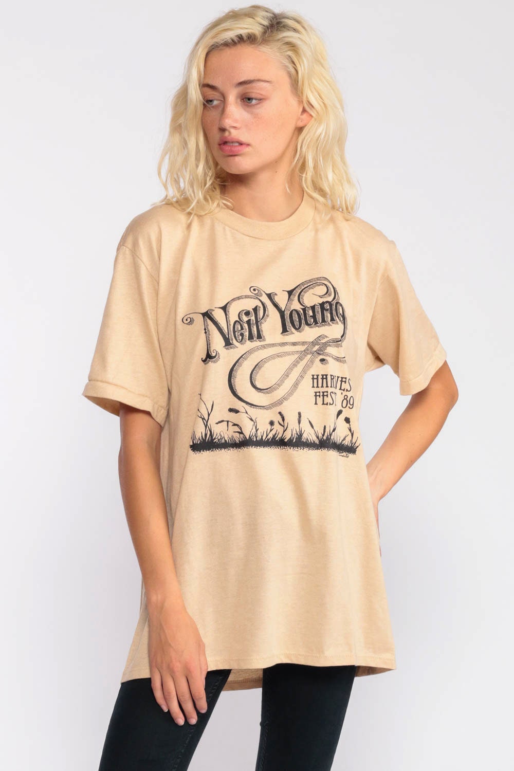 Neil Young Harvest Fest 1989 Tour Band T-Shirt Tan Graphic Tee Extra Large