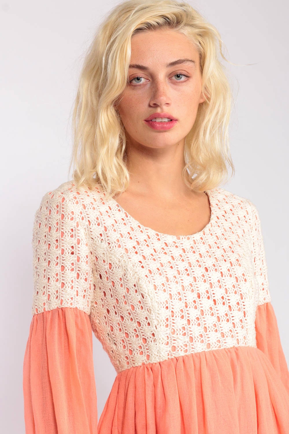 70s Crochet Lace Maxi Dress Peach Empire Waist Party Gown Extra Small