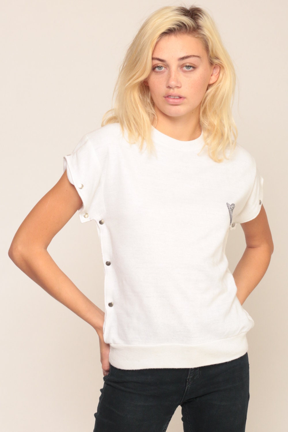 80s DJ Smash White Cap Sleeve Blouse Nautical Graphic Snap Side Medium