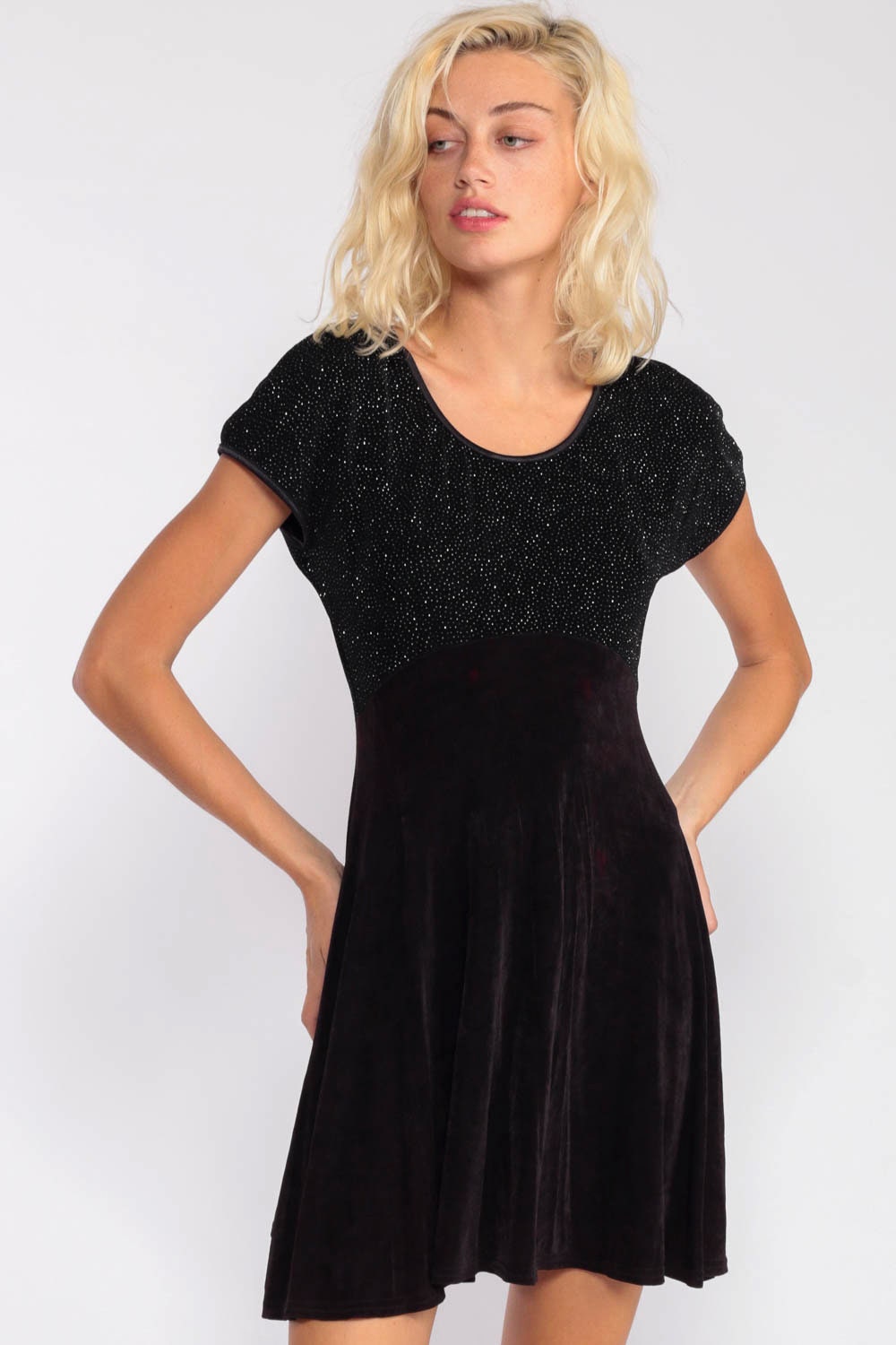 90s Black Metallic Babydoll Mini Dress Empire Waist Short Sleeve Medium