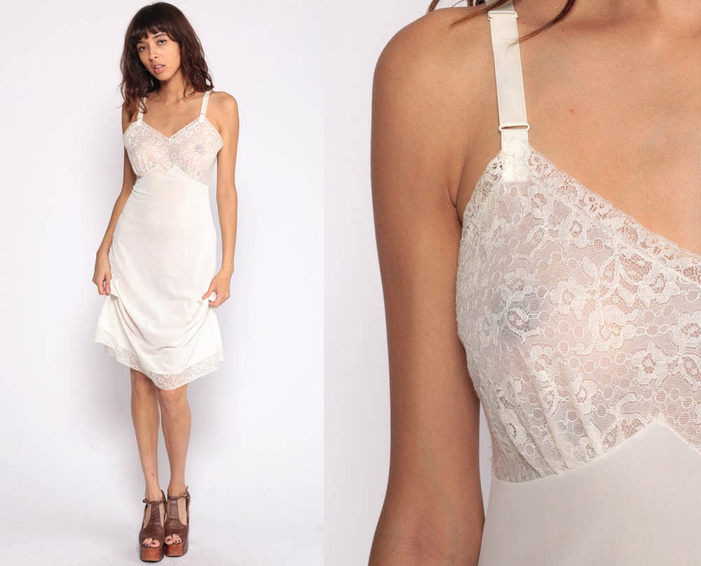 70s 80s Lace Slip Dress Off-White Midi Empire Waist Deep V Small