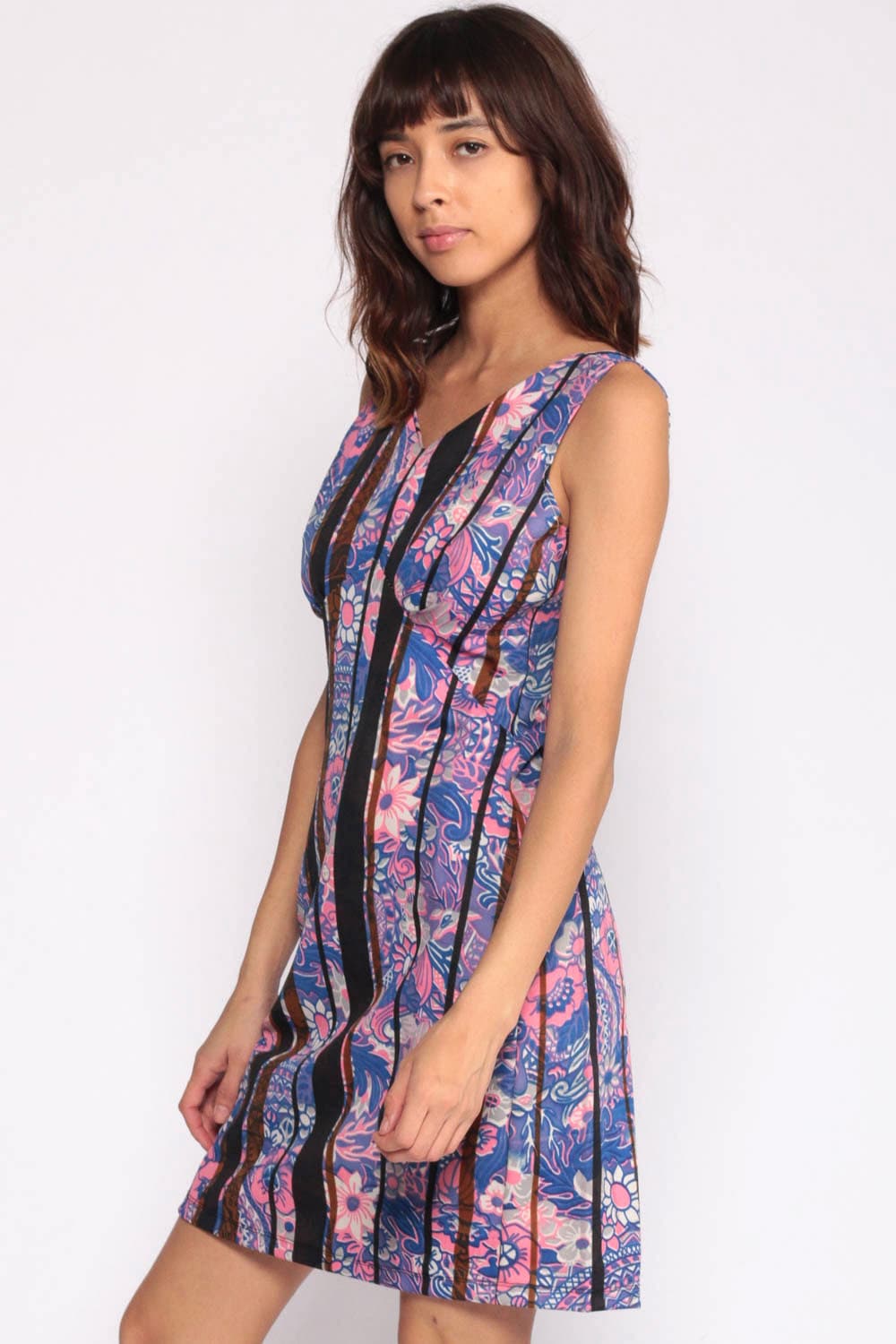 70s Purple Blue Floral Mini Dress Empire Waist Sheath Sleeveless Medium