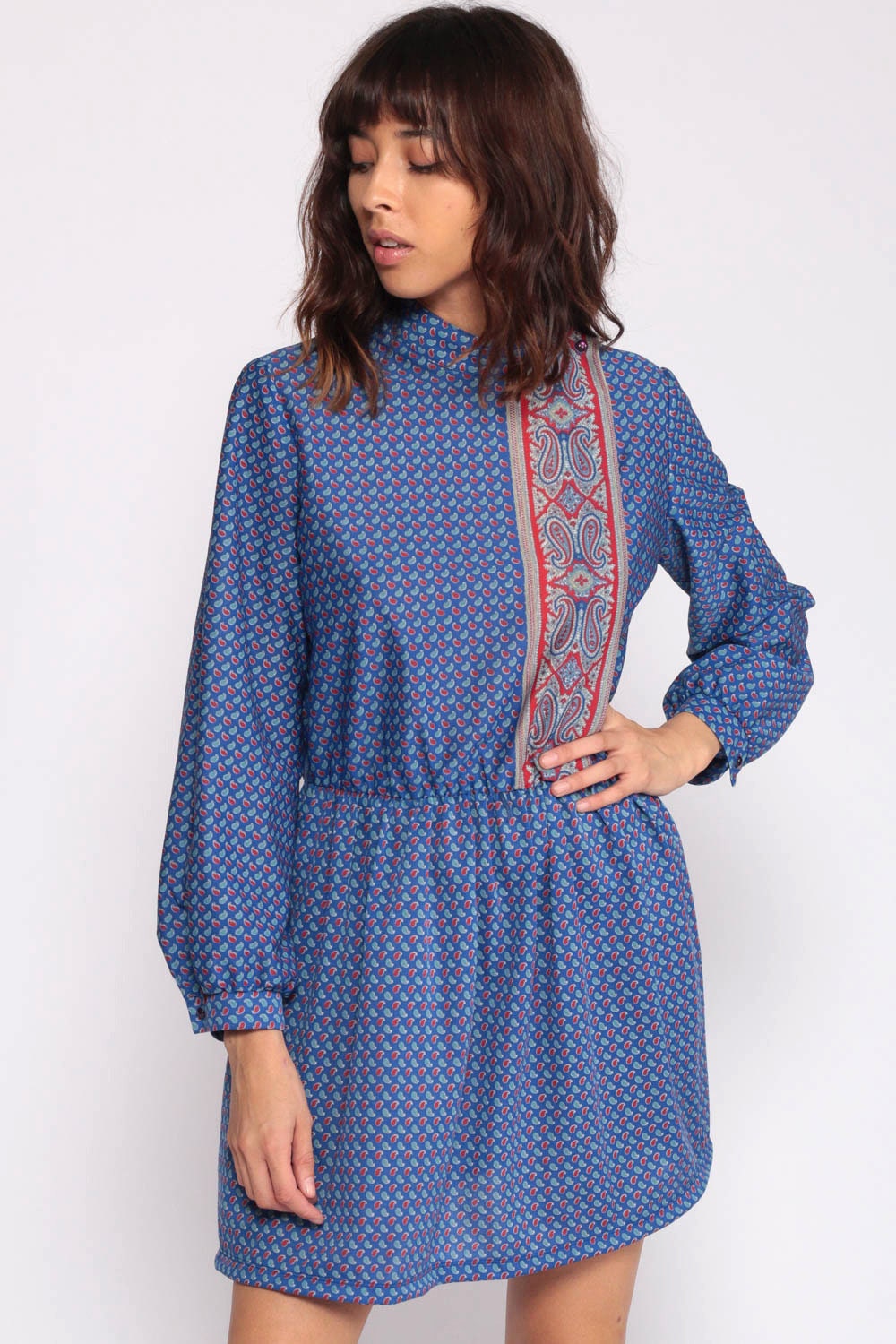 70s Paisley Print Midi Dress Blue Red Button-Up Long Sleeve Medium Large