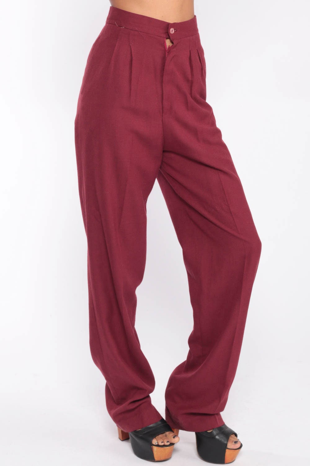 70s Burgundy High-Waist Wide-Leg Pleated Trousers Extra Small XS