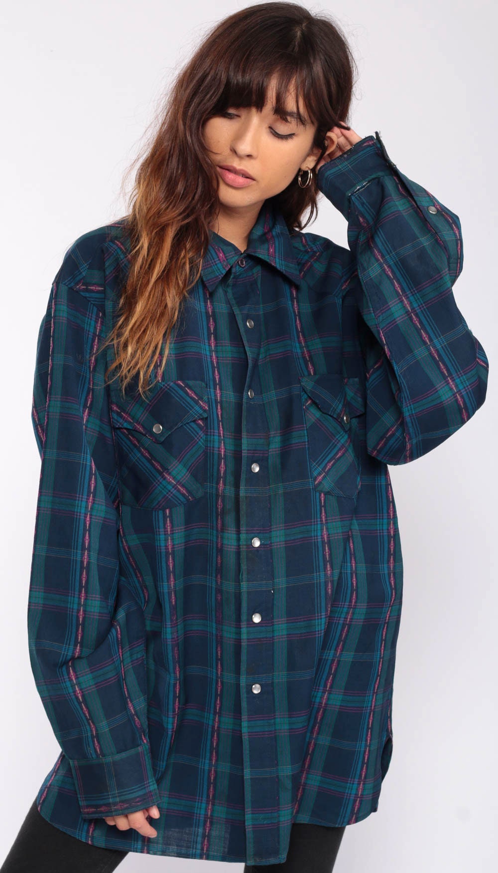 80s Pendleton Blue Plaid Pearl Snap Western Shirt Extra Large XL