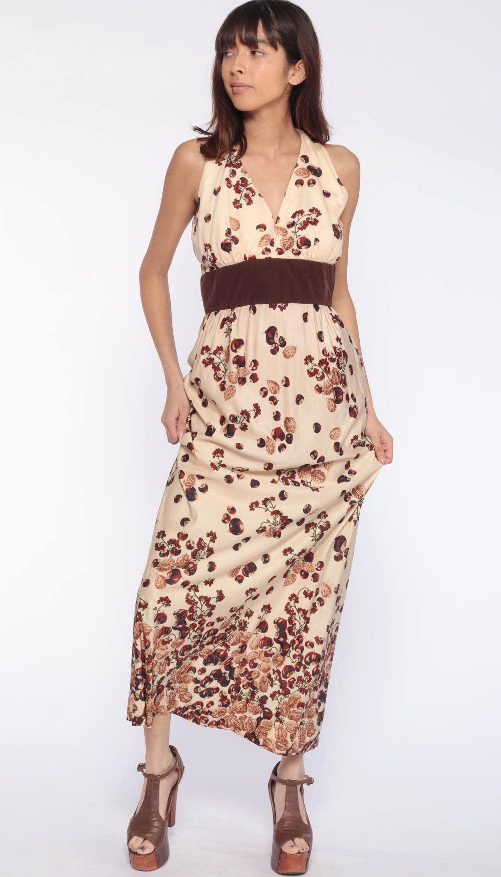 70s Hazelnut Print Maxi Dress Empire Waist Sleeveless Small