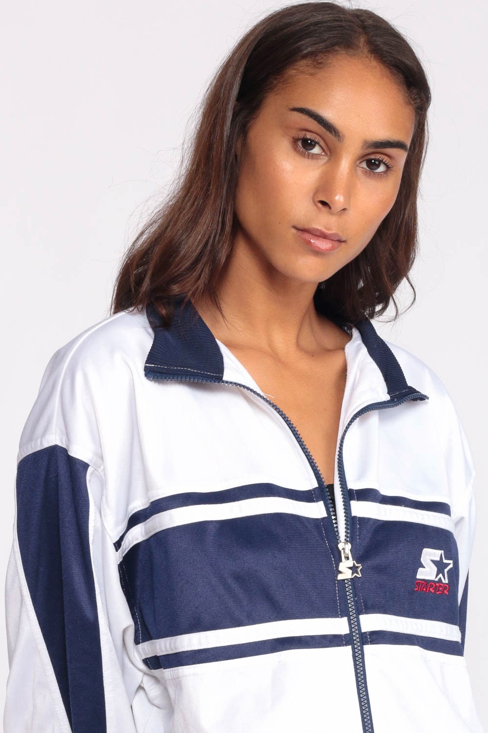 90s Starter Track Jacket White Blue Striped Zip-Up Medium Large