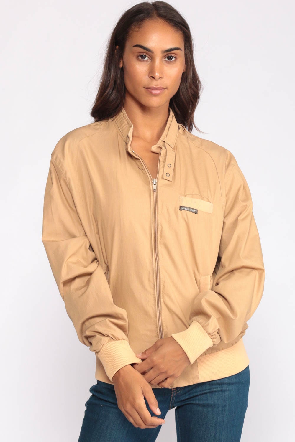 80s Members Only Bomber Jacket Tan Windbreaker Epaulette Medium Large