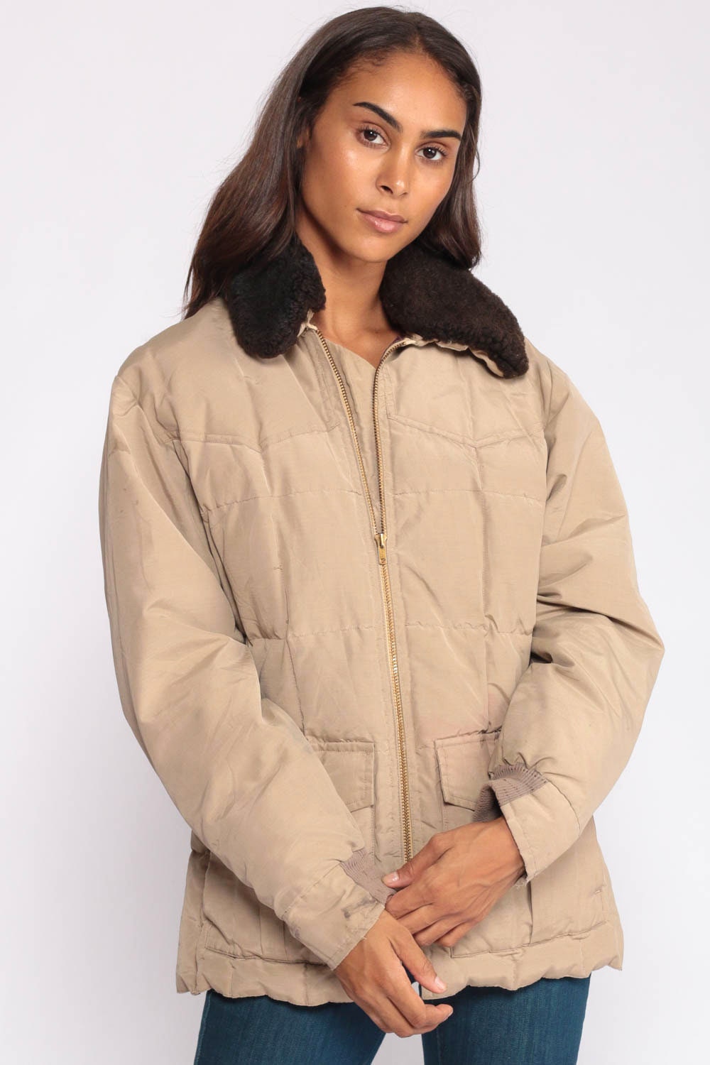 70s 80s Tan Down Puffer Jacket Sherpa Collar Ski Coat Medium Large