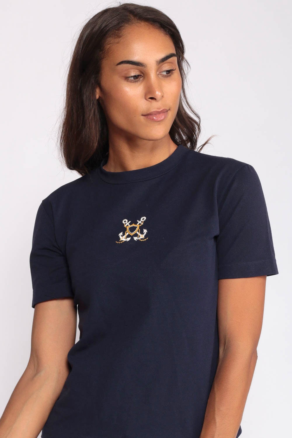 70s Nautical Anchor Print T-Shirt Navy Short Sleeve Vintage Tee Small