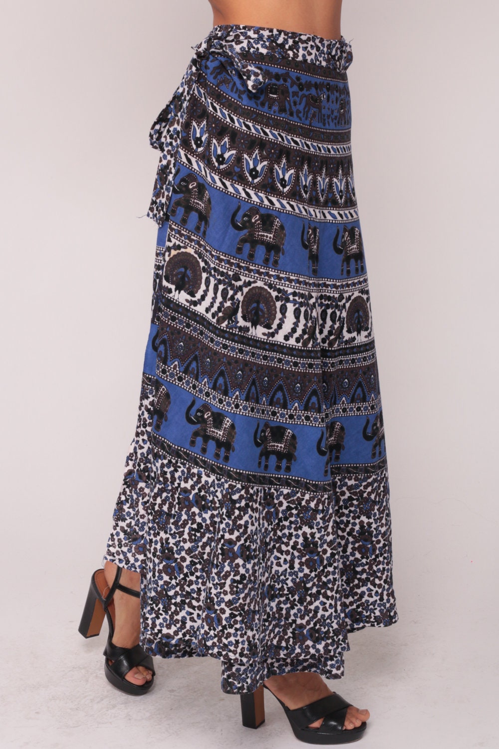 90s Wrap Maxi Skirt Elephant Horse Peacock Print Blue Cotton Small Medium Large