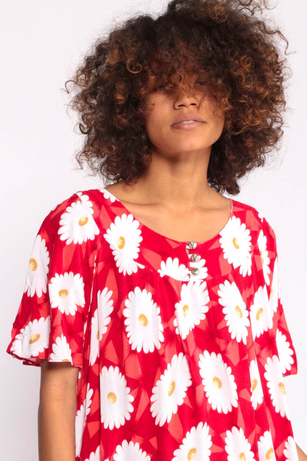 90s Red Floral Midi Dress Rayon Trapeze Shirt Dress White Print Small