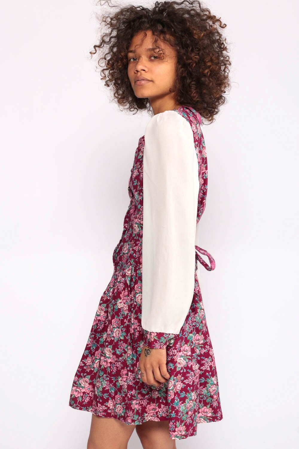 80s Floral Mini Dress Puff Sleeve Button-Up White Pink Small