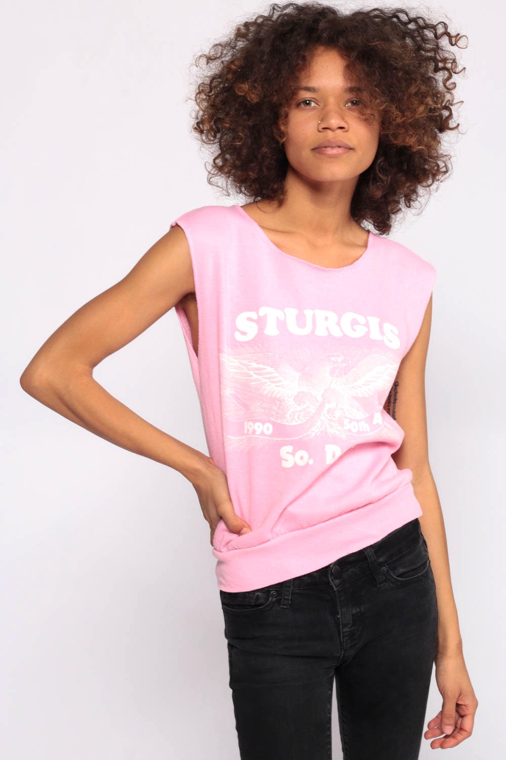 1990 Sturgis Biker Tank Top Pink Eagle Motorcycle Rally Extra Small