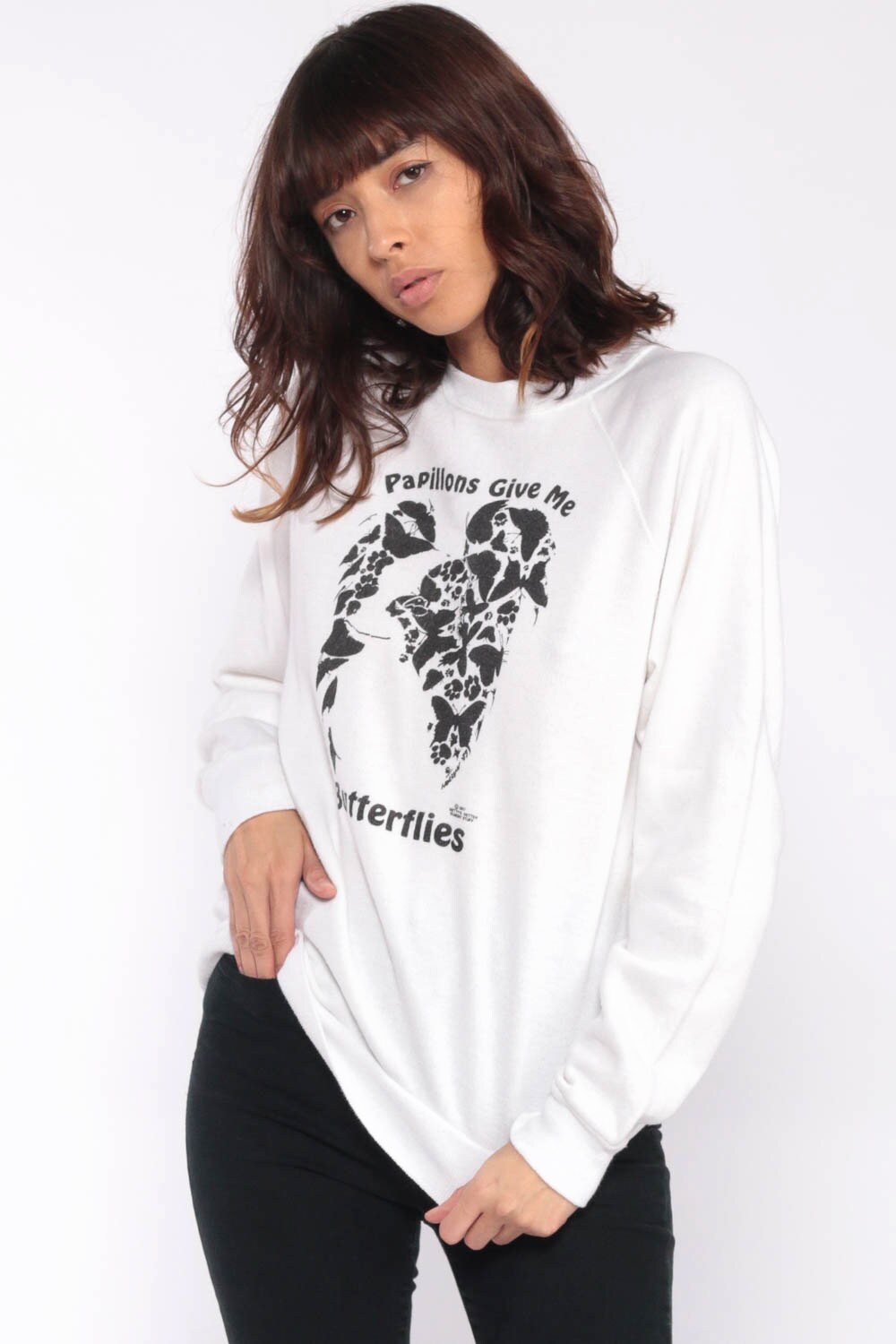 80s Butterfly Papillions Sweatshirt White Graphic Crewneck Extra Small