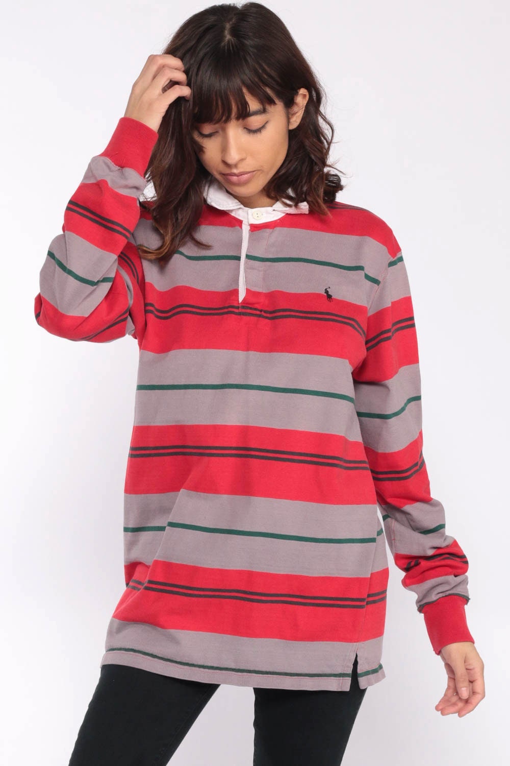 Ralph Lauren Polo Sport 90s Striped Long Sleeve Shirt Grey Large