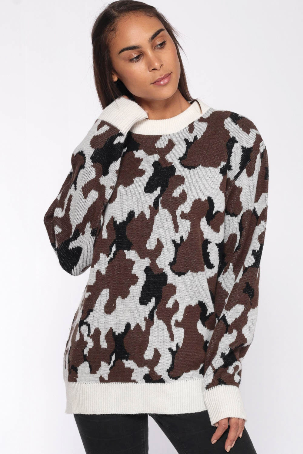 80s Camo Pullover Sweater Brown White Camouflage Knit Extra Large XXL