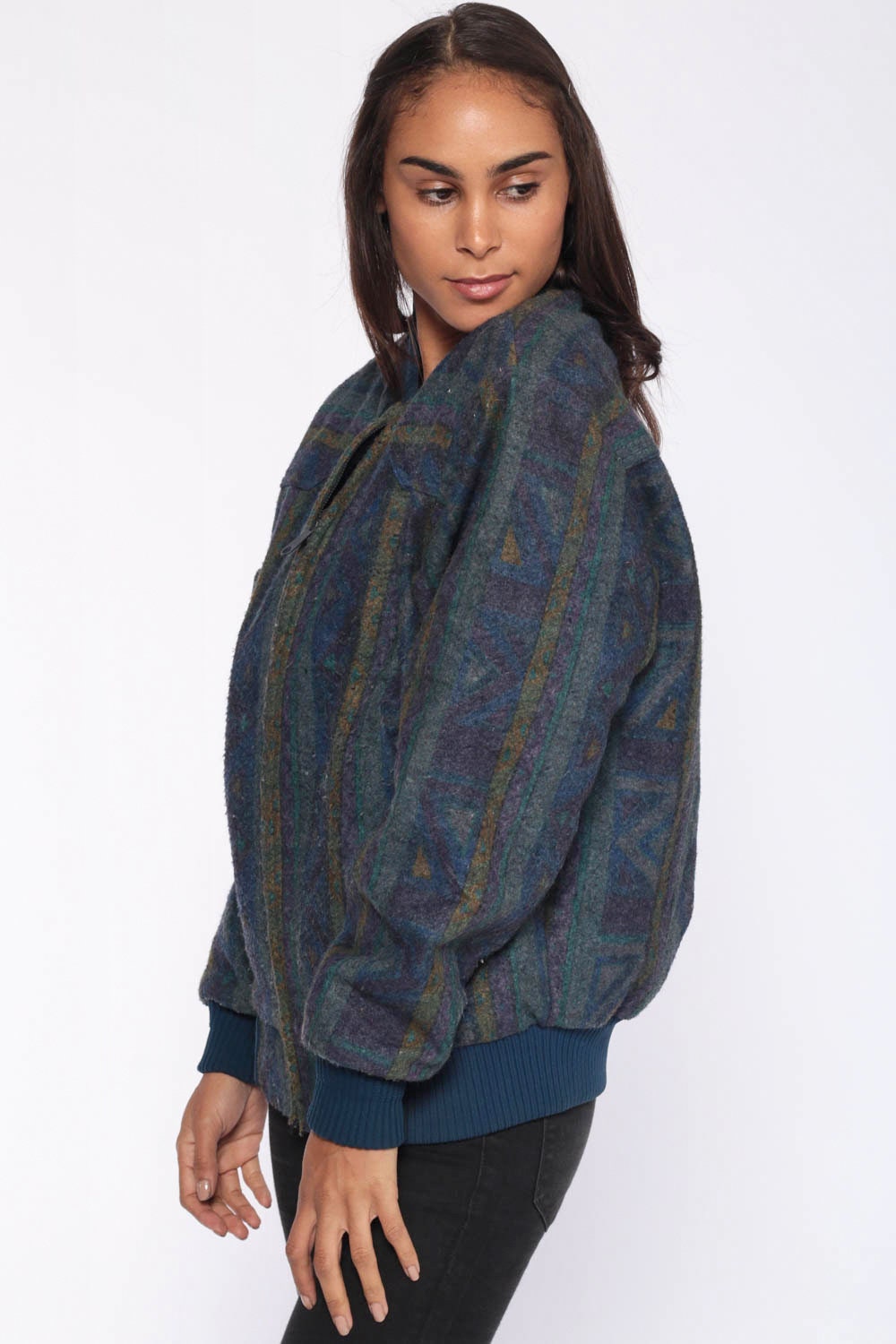 80s Southwestern Tribal Print Blue Bomber Jacket Unisex Medium Large