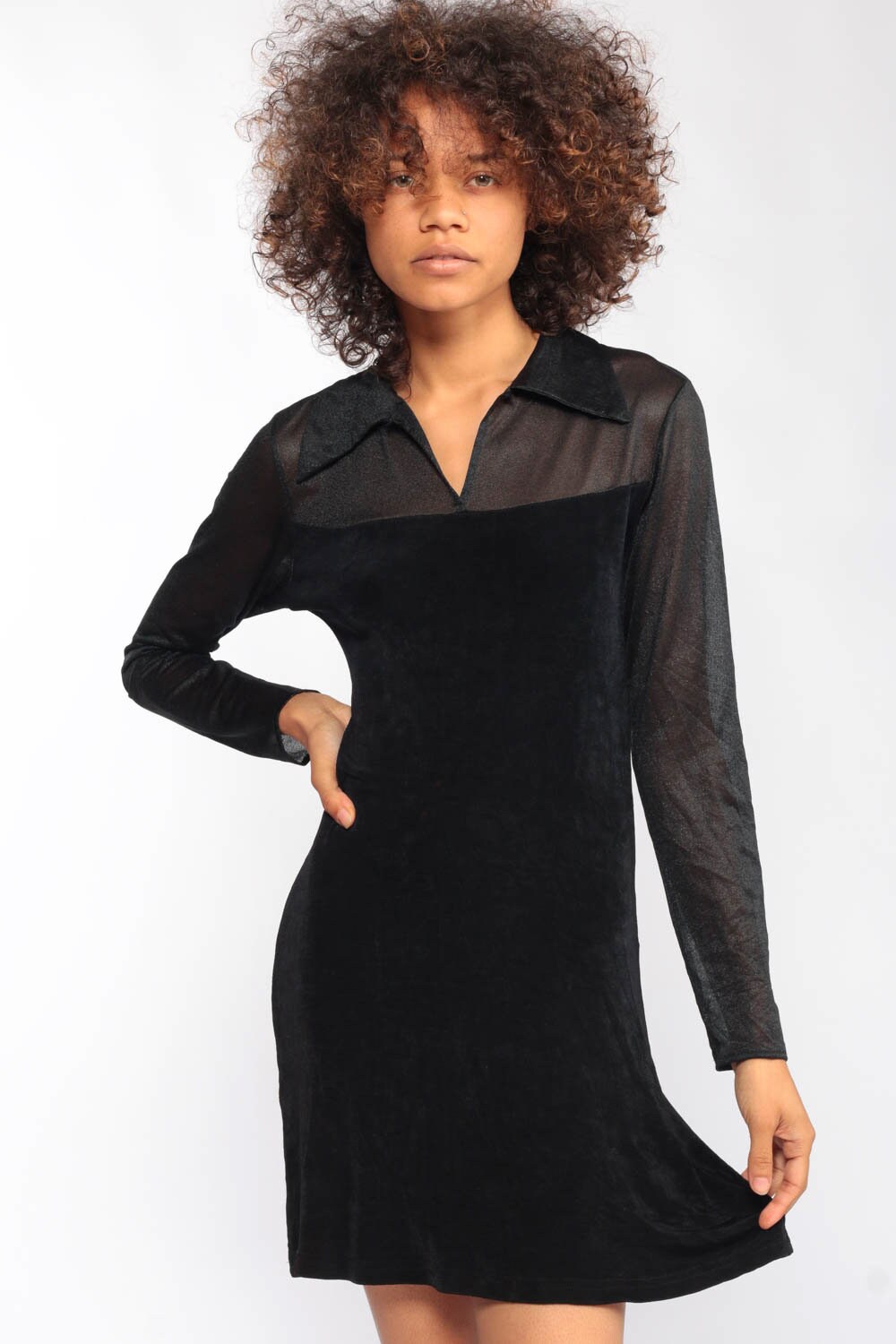 90s Black Mini Dress Sheer Sleeve Sheath Cocktail Extra Small XS