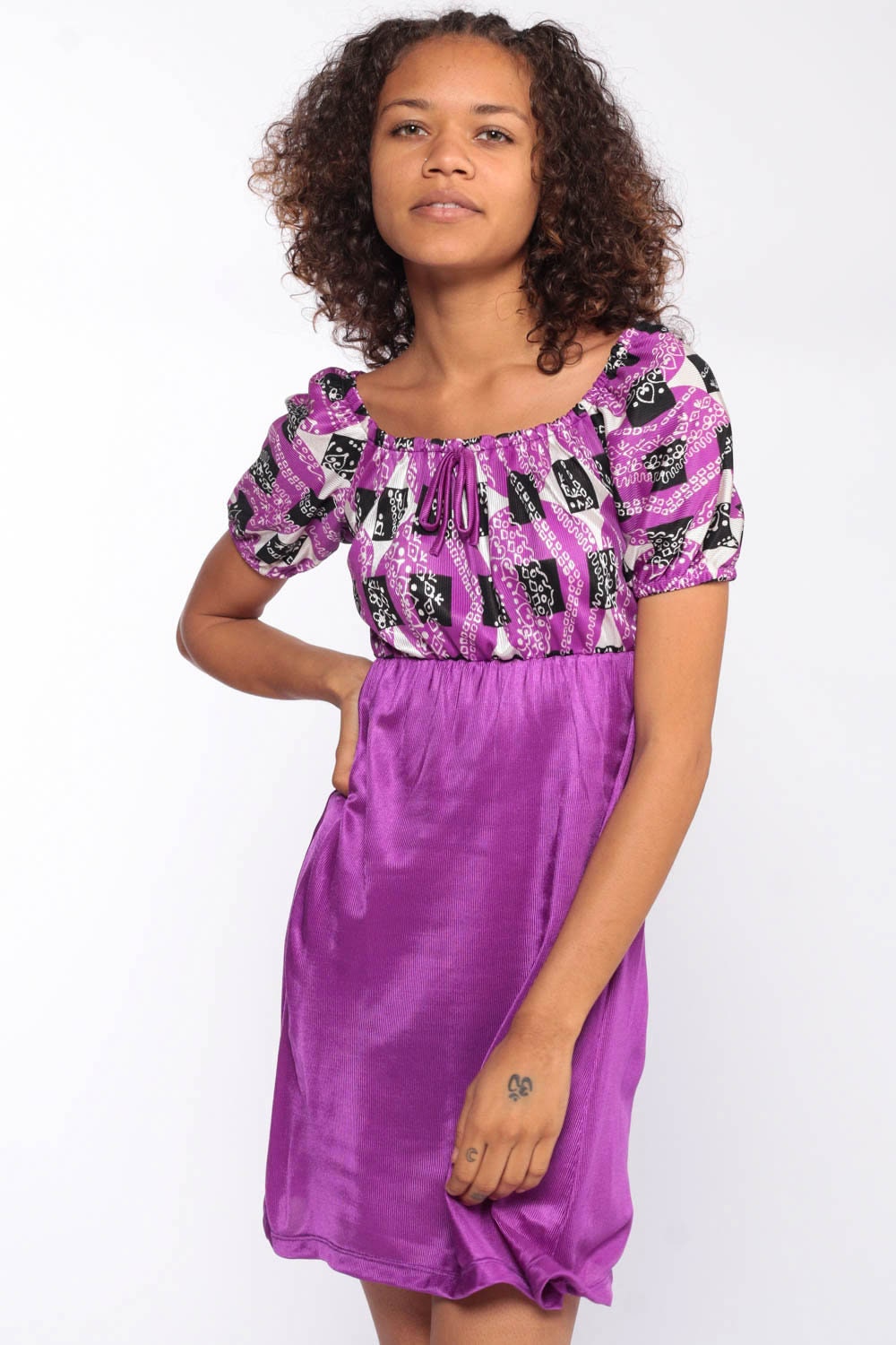 70s Purple Psychedelic Babydoll Mini Dress Empire Waist Extra Small