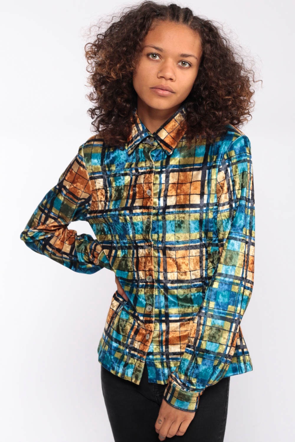 90s Plaid Velvet Button-Up Blouse Blue Long Sleeve Small