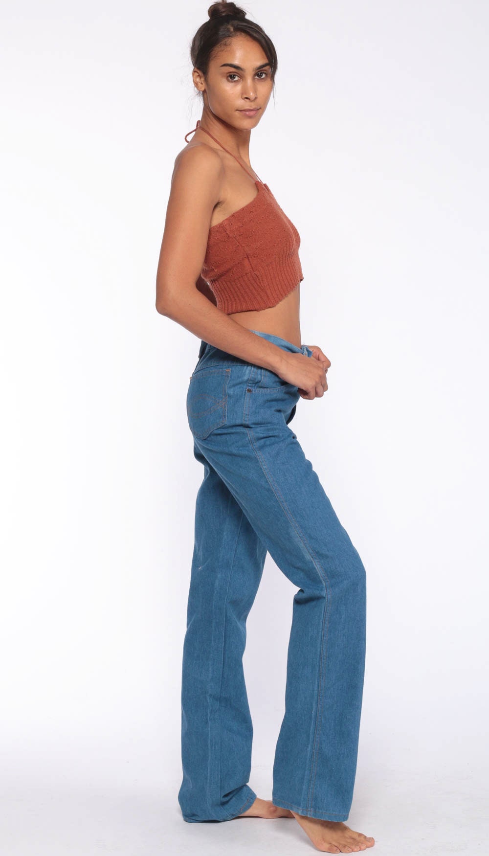 70s High Waisted Straight Leg Jeans Blue Denim Unisex Small