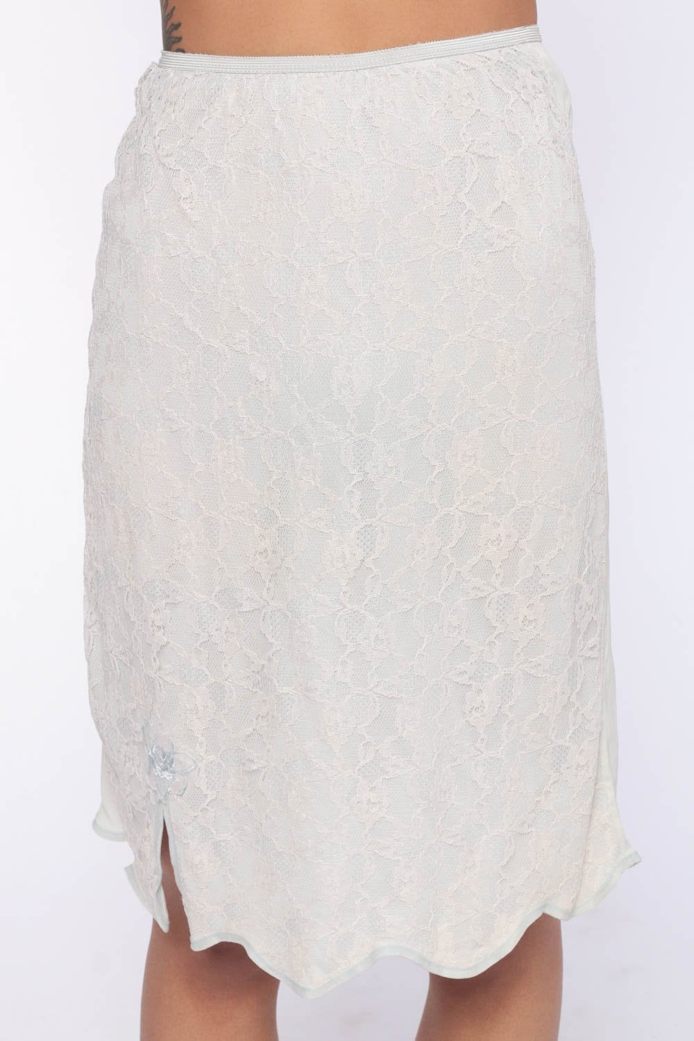 70s Blue Lace Half Slip Midi Skirt High Waisted Nylon Lingerie Extra Small