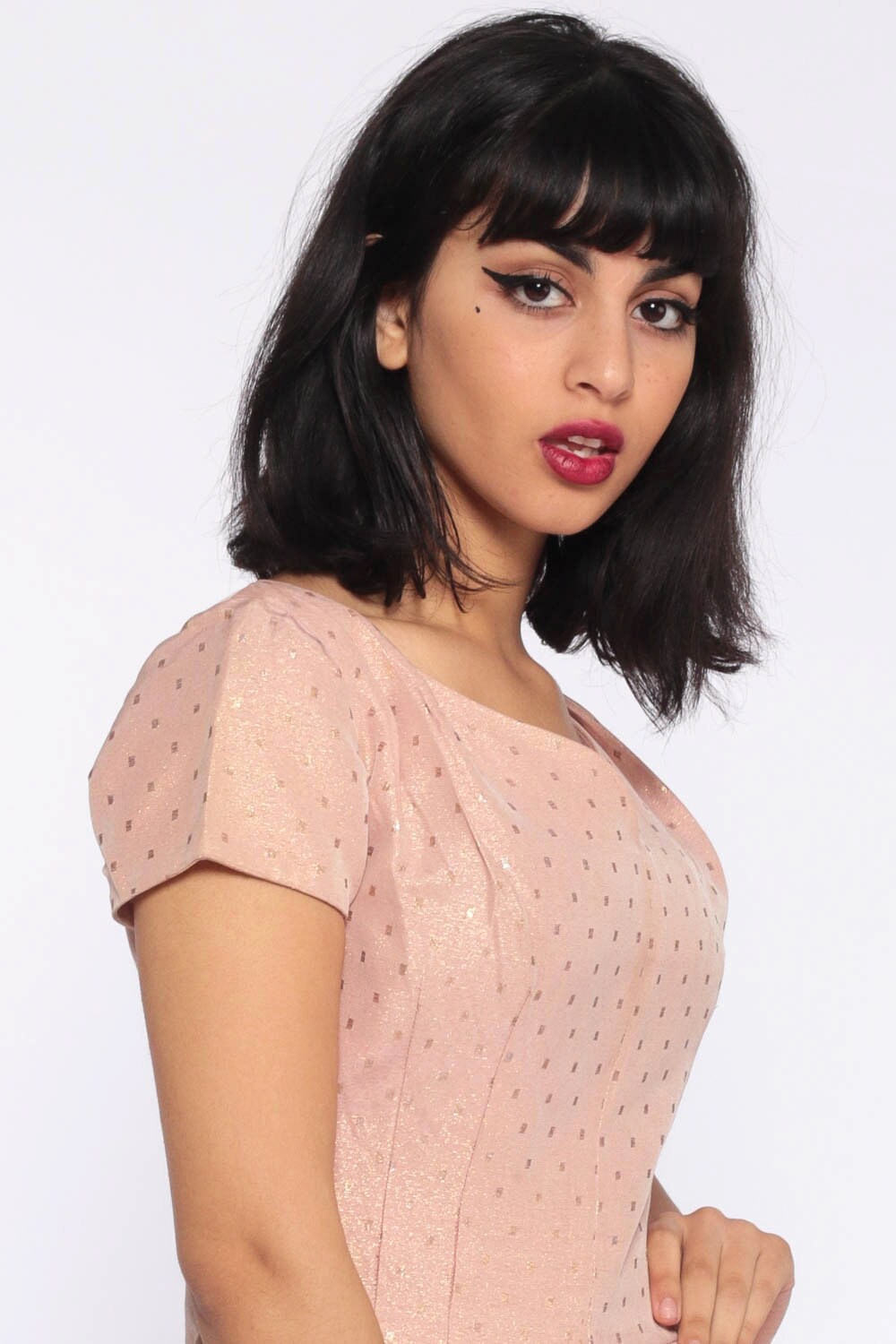 1950s Pink Metallic Tulip Skirt Party Dress Tea Length Extra Small XS