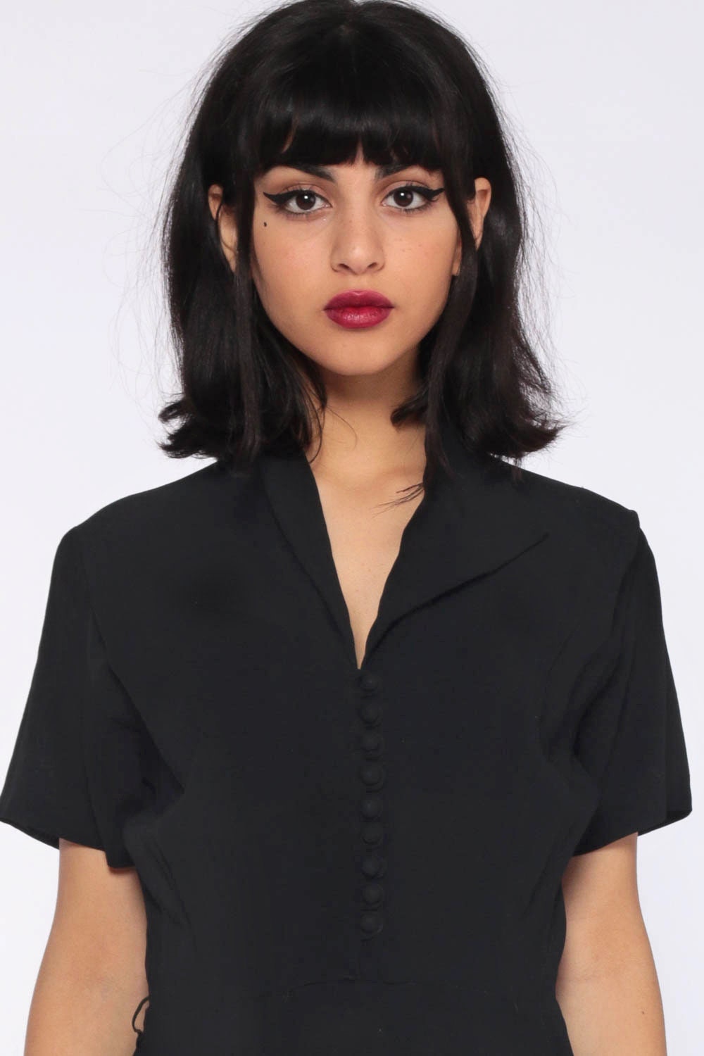 1940s Black Crepe Dress Asymmetrical Collar High Waist Midi Short Sleeve Extra Small