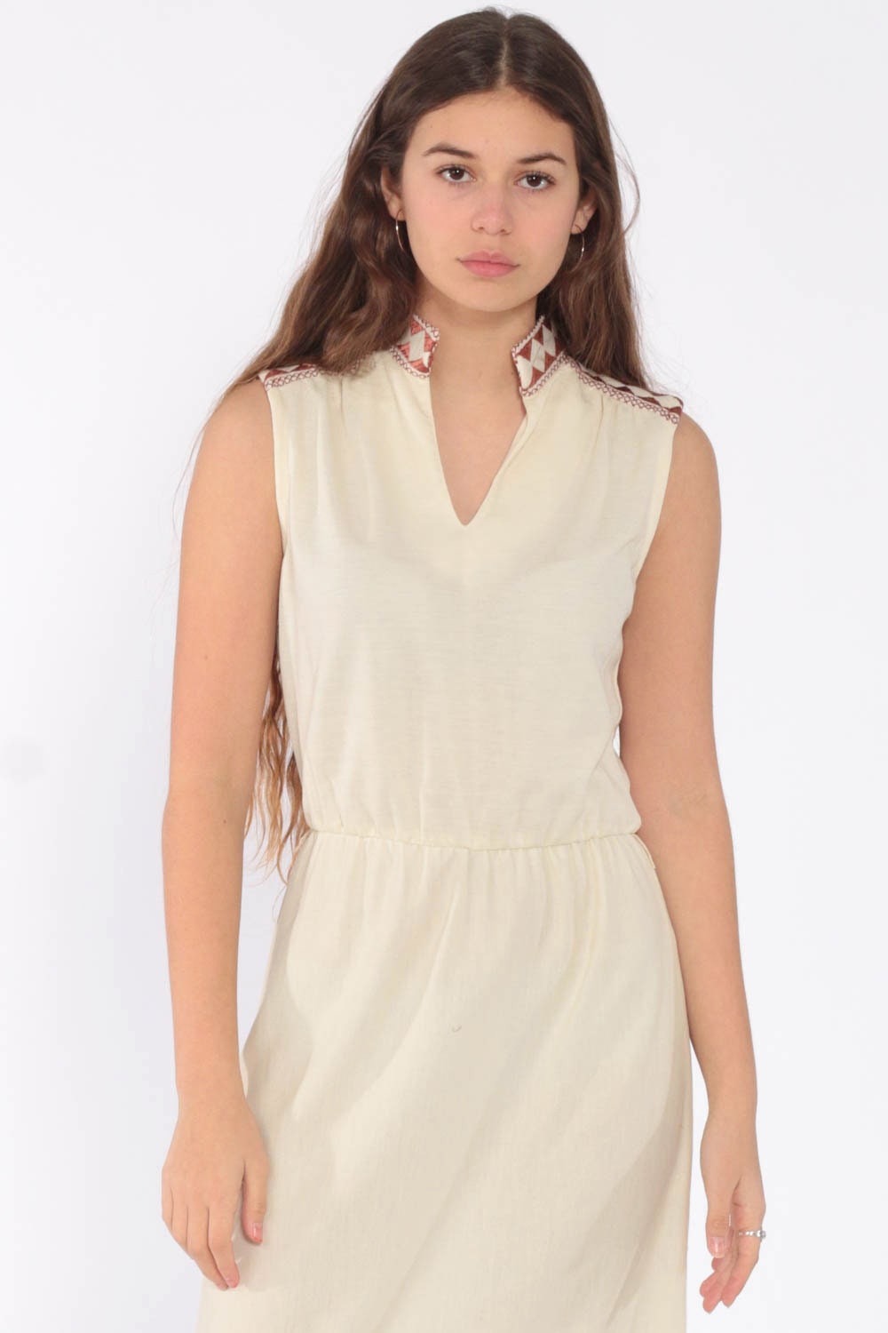 70s Cream Midi Dress High Waist Geometric Copper Trim Sleeveless Extra Small