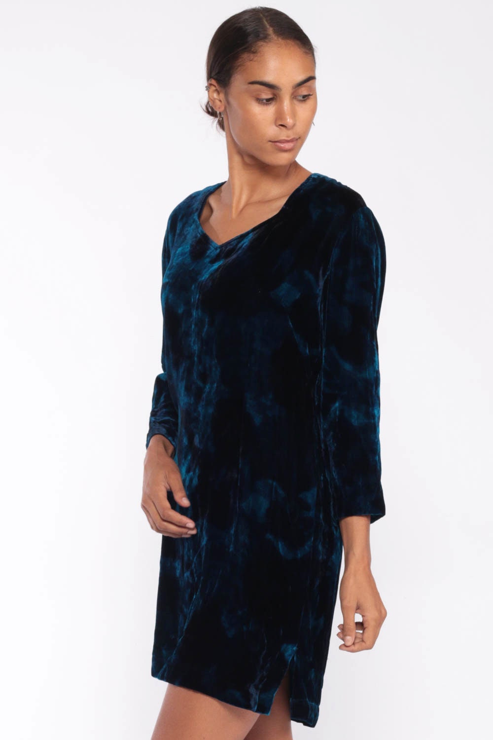80s Blue Velvet Mini Dress Floral Tie Dye Long Sleeve Shift Medium