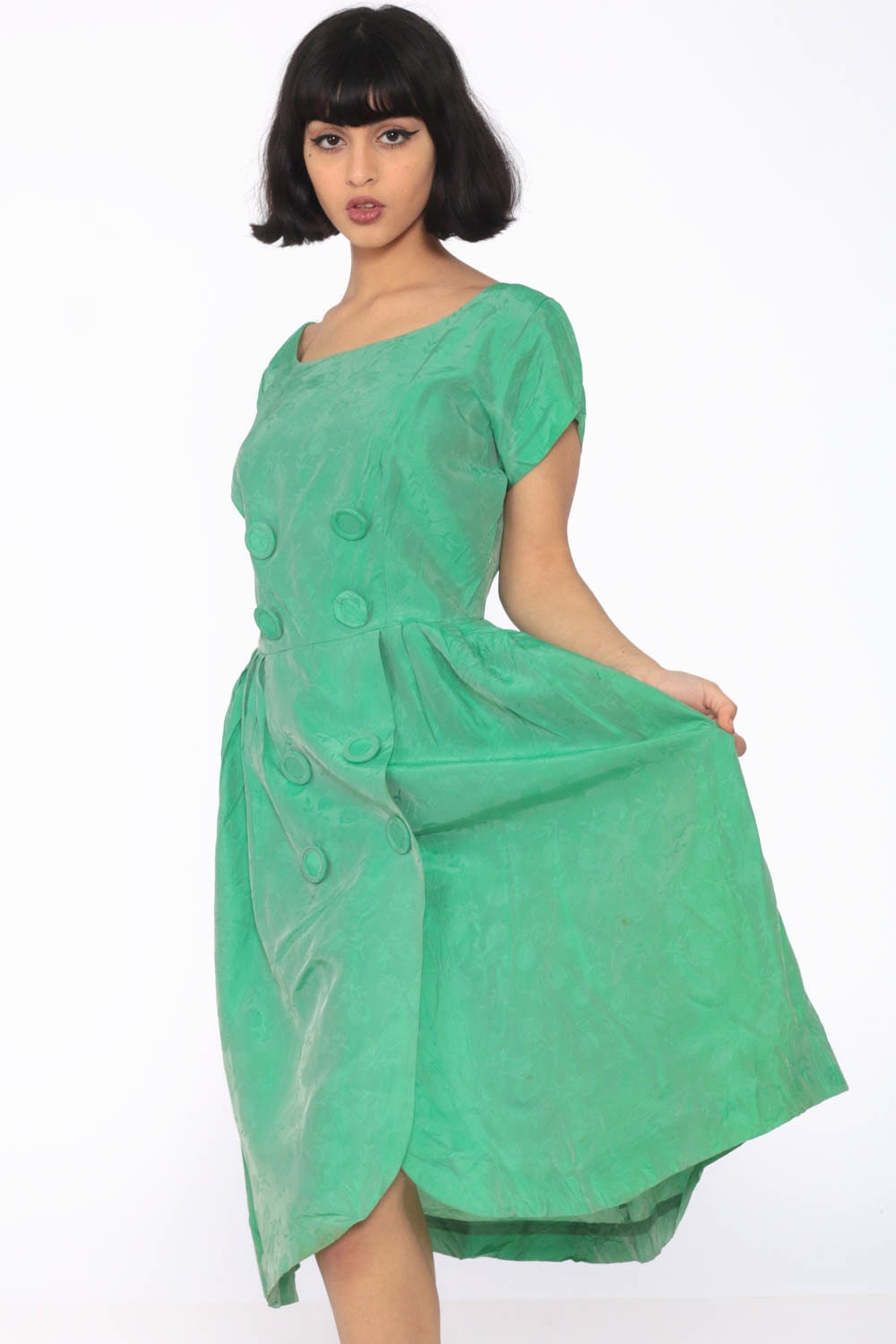 1960s Green Floral Taffeta Midi Dress Double Breasted High Waist Small