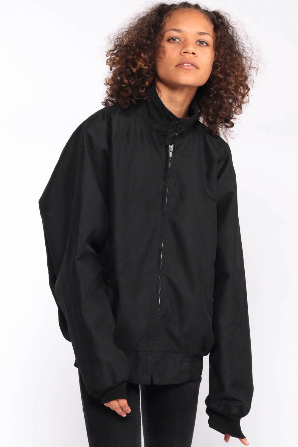 80s Black Bomber Jacket Plaid Lined Cafe Racer Moto Windbreaker Extra Large