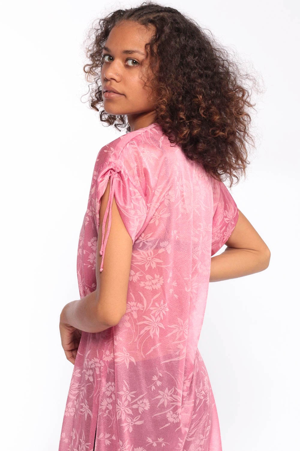 70s Pink Floral Sheer Kimono Jacket High Slit Cap Sleeve Small