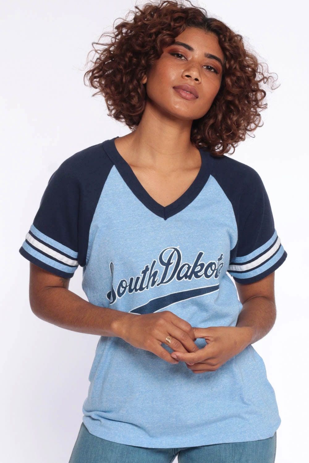 70s-80s South Dakota Ringer T-Shirt Blue Striped Raglan Small
