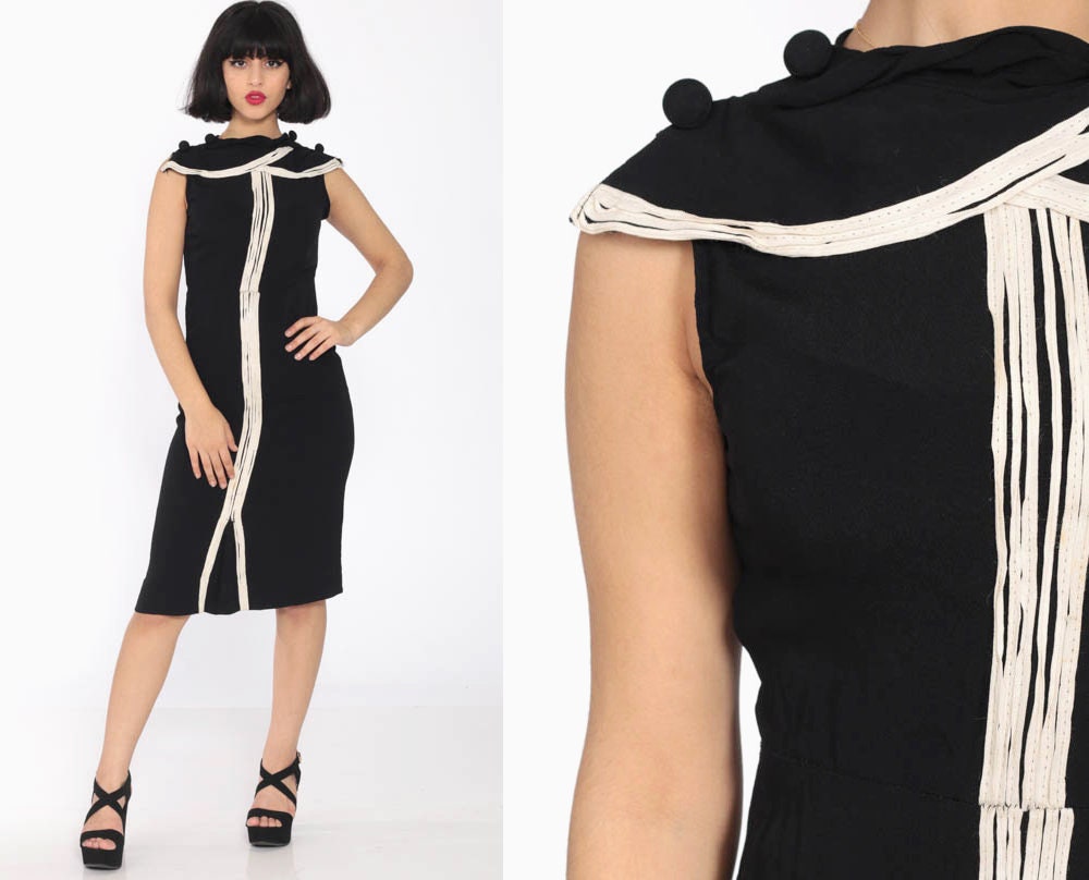 1960s Black Sheath Dress White Collar Sleeveless Midi Extra Small