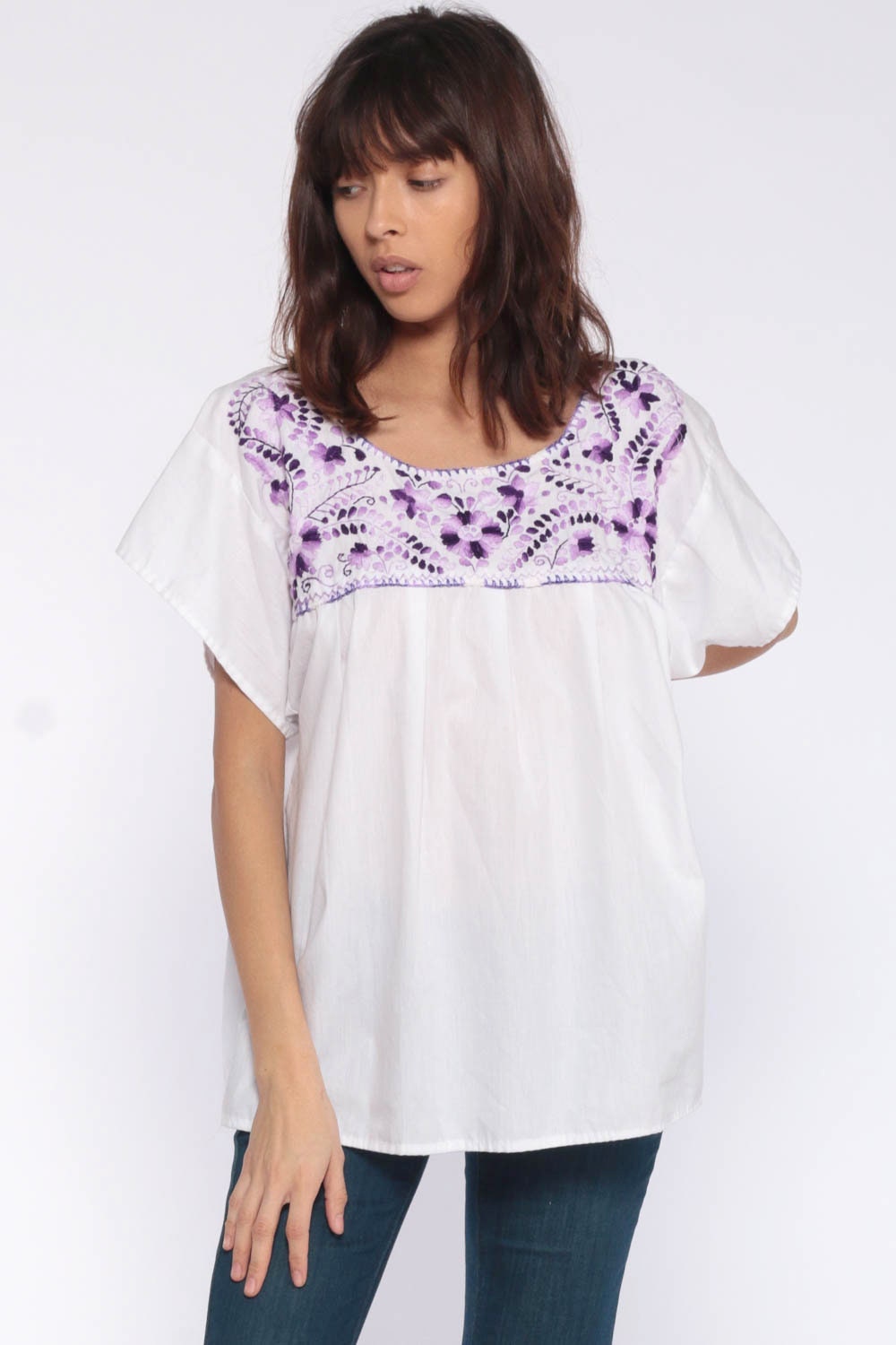 90s Mexican Embroidered Blouse Purple Floral Cotton Tunic Small Medium