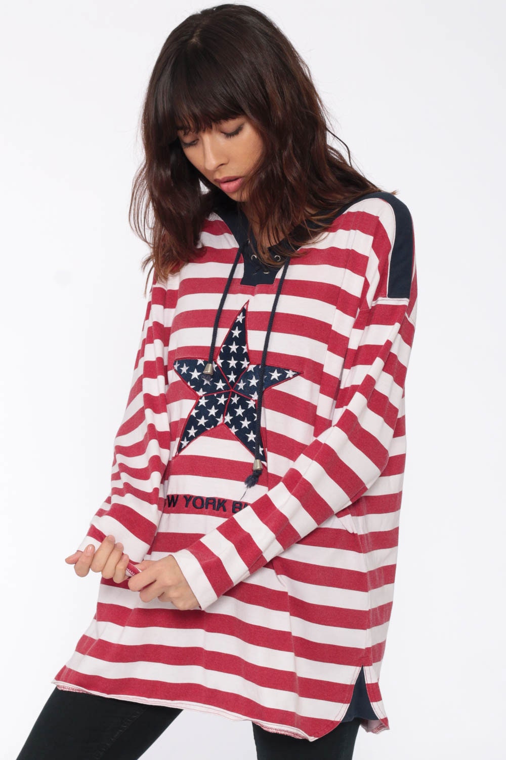 80s Striped Star Long Sleeve Shirt Red White Blue Nautical Medium Large