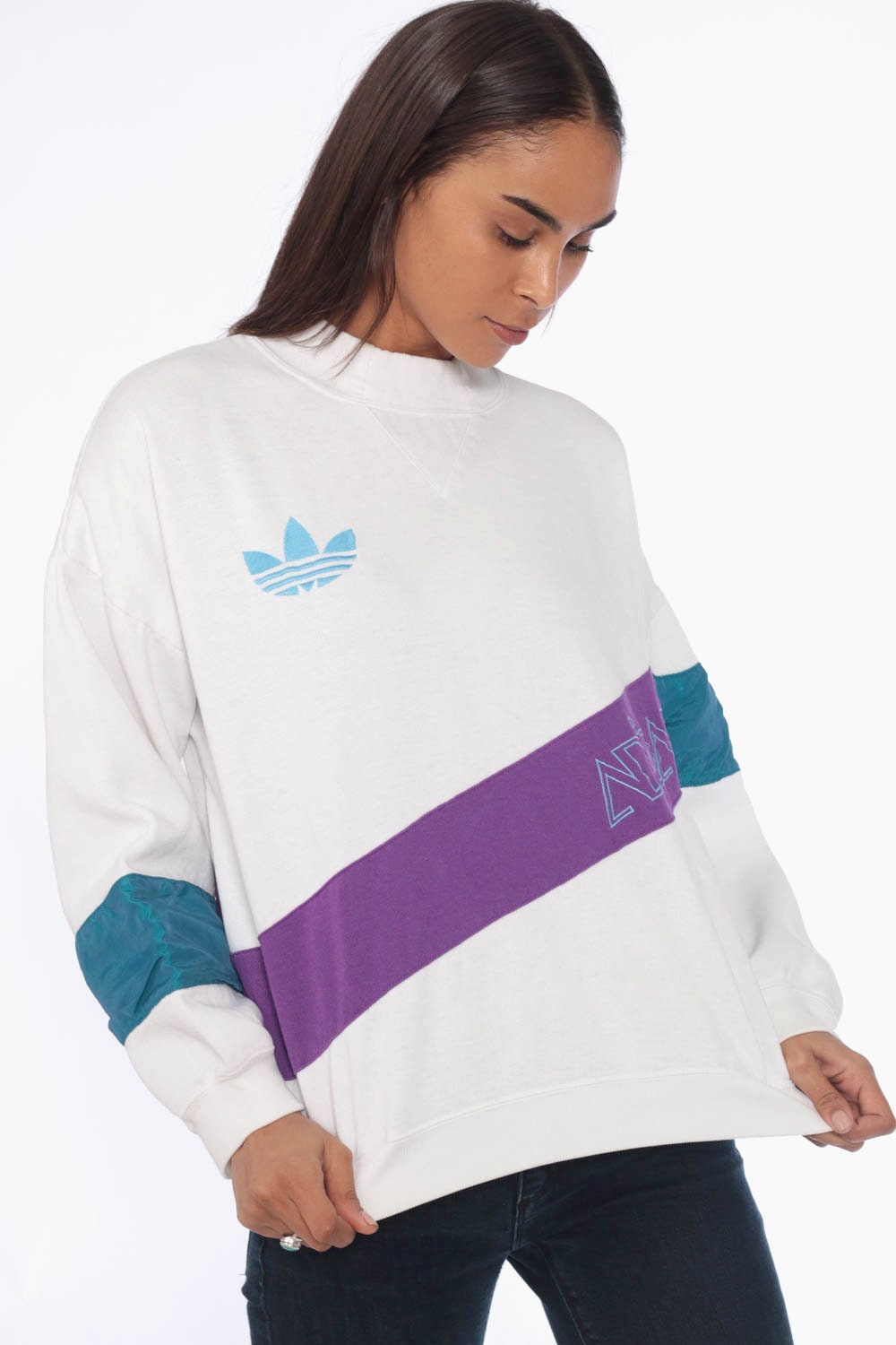 90s Adidas Trefoil Crewneck Sweatshirt Purple White Colour Block Large