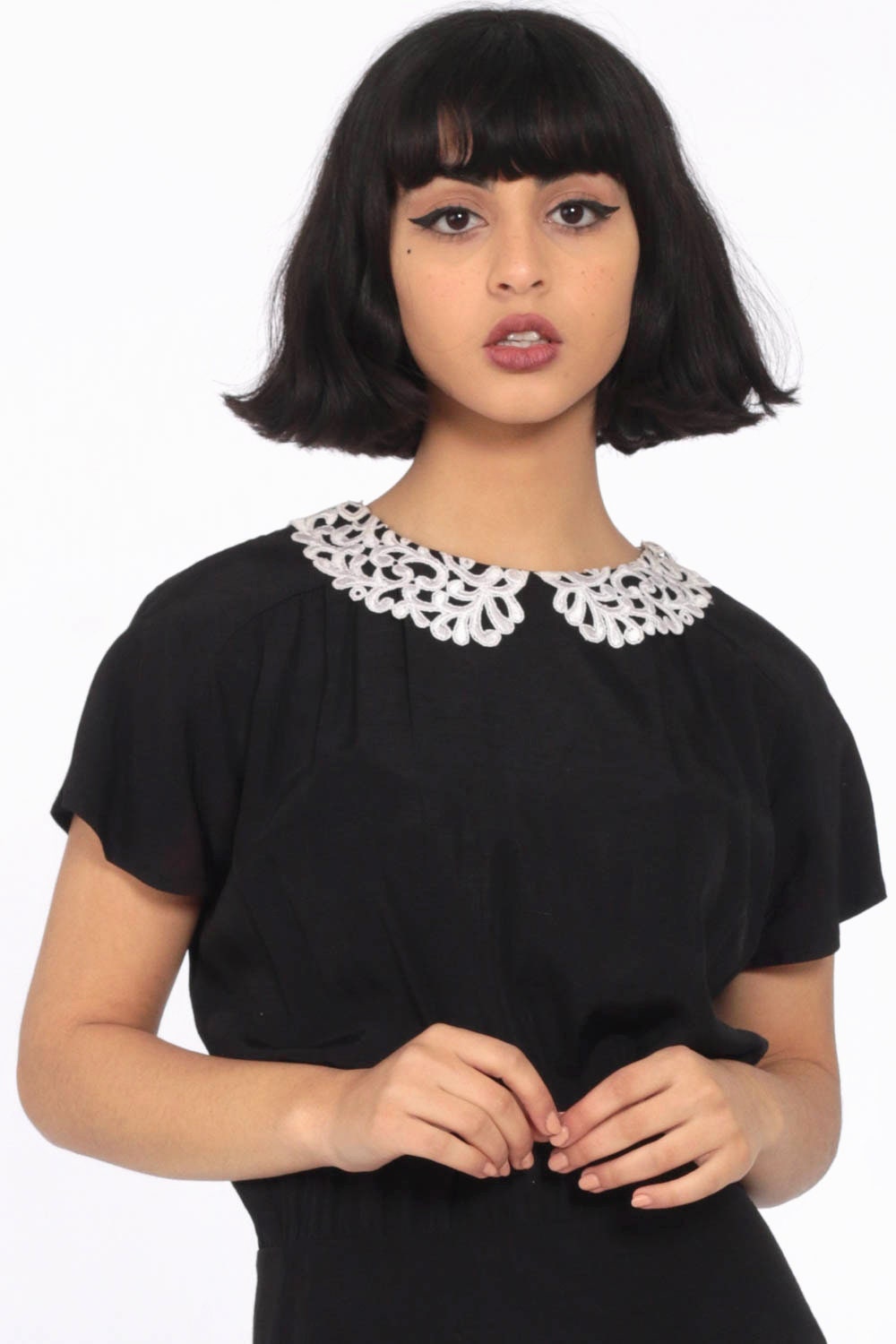 80s Black Mini Dress White Peter Pan Collar Cap Sleeve Extra Small XS