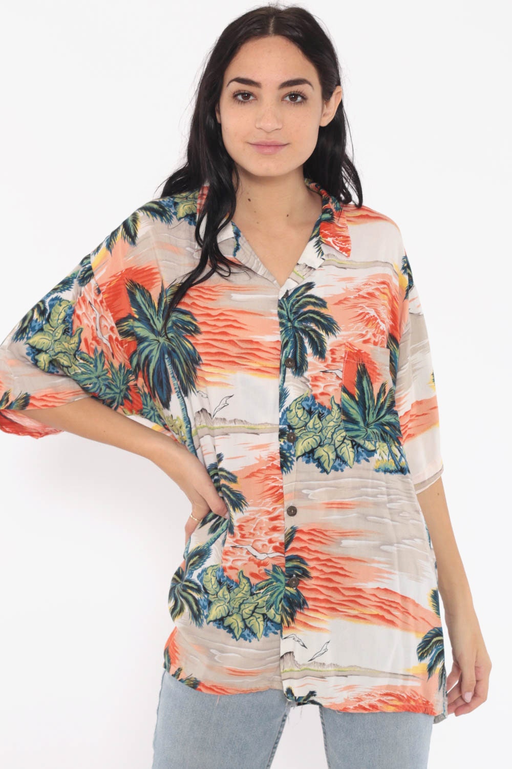 90s Hawaiian Shirt Tropical Palm Tree Print Button Up Orange Extra Large