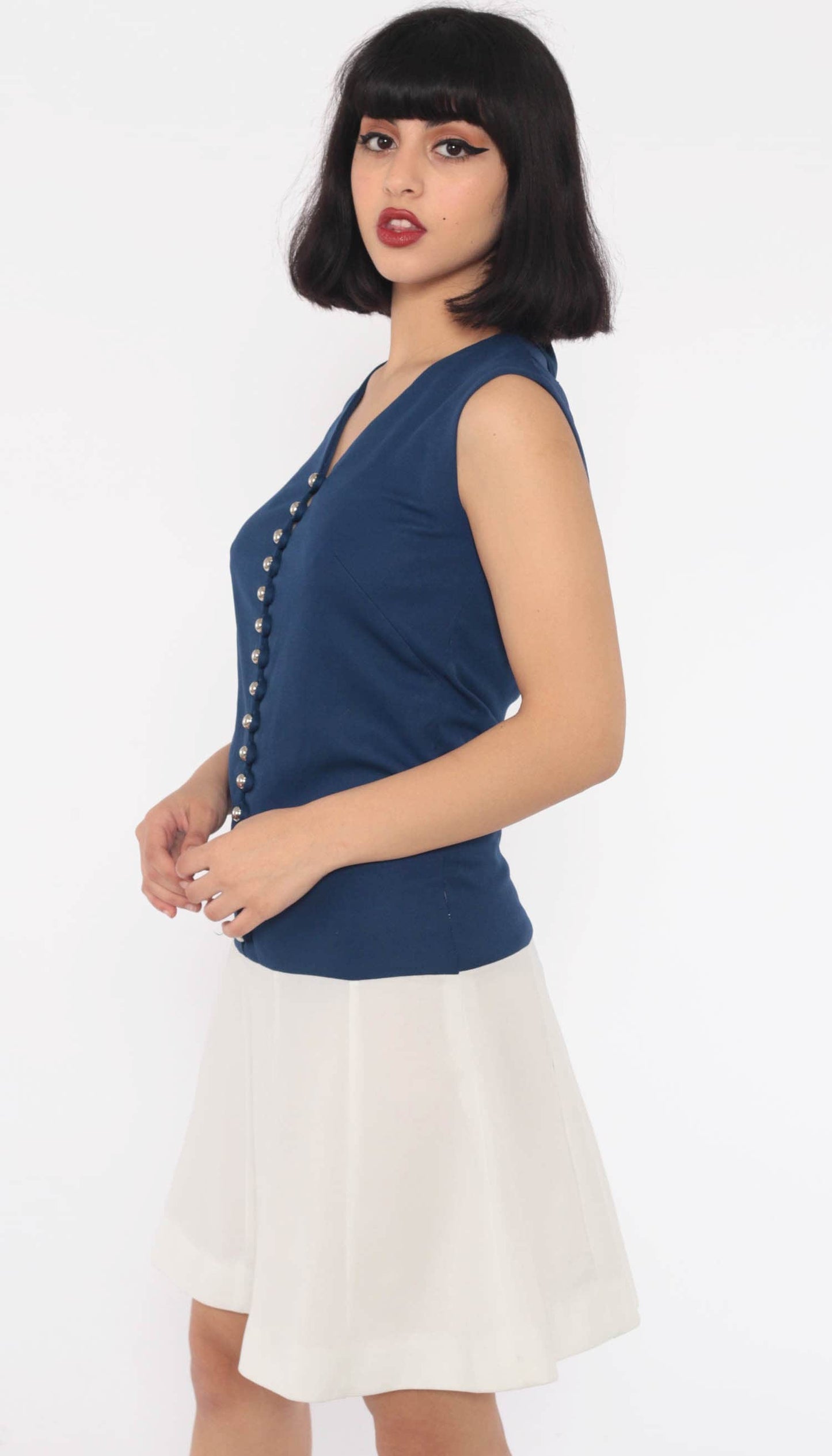 60s Mod Mini Dress Drop Waist Button Front Dark Blue Small