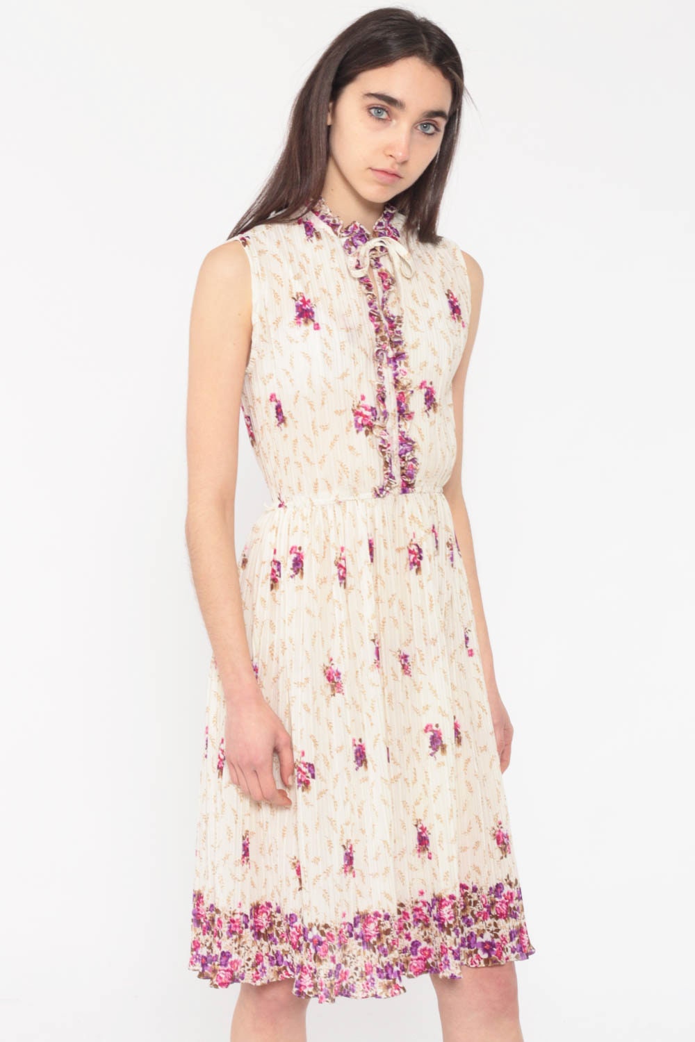 70s Floral Midi Dress Knife Pleat High Waist Keyhole Bow Necktie Sleeveless Small